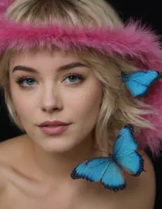 A woman with a pink fur headband and blue butterflies on her head.