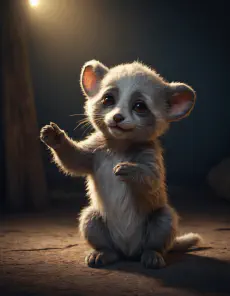 A small animal resembling a baby raccoon standing on its hind legs in a spotlight.