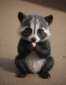 A baby raccoon sitting on the ground eating a piece of food.