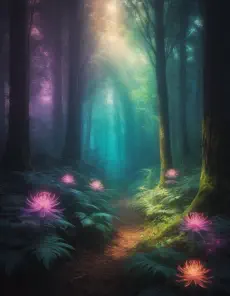 A path in the middle of a dark ethereal forest with glowing flowers.