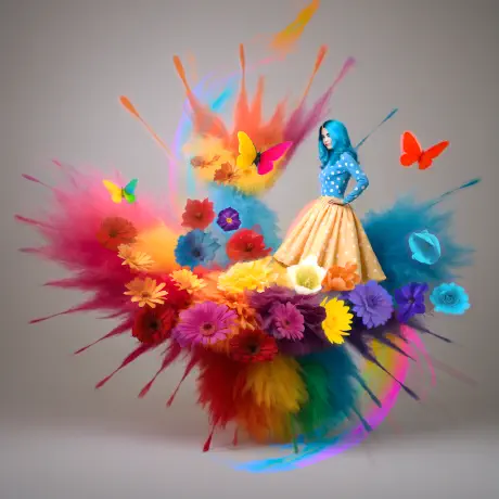 A woman in a yellow and blue polka dot dress surrounded by colorful flowers and butterflies.