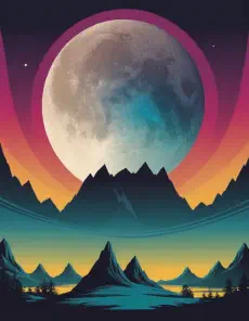 A digital illustration of a full moon over a mountain range.