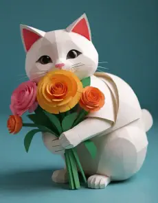 A white cat holding a bunch of flowers in paper craft style.