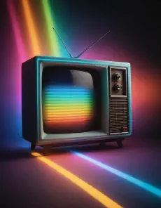 An old retro television set with a rainbow light coming out of it.