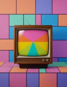A retro television set sitting on top of a colorful tiled floor.
