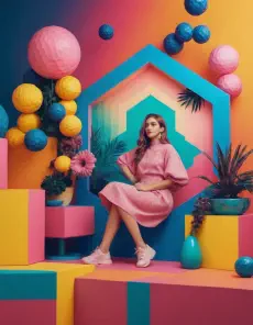A woman in a pink dress sitting on a colorful platform.