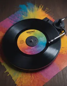 A turntable with a vinyl record on it and a colorful splatter of paint around them.