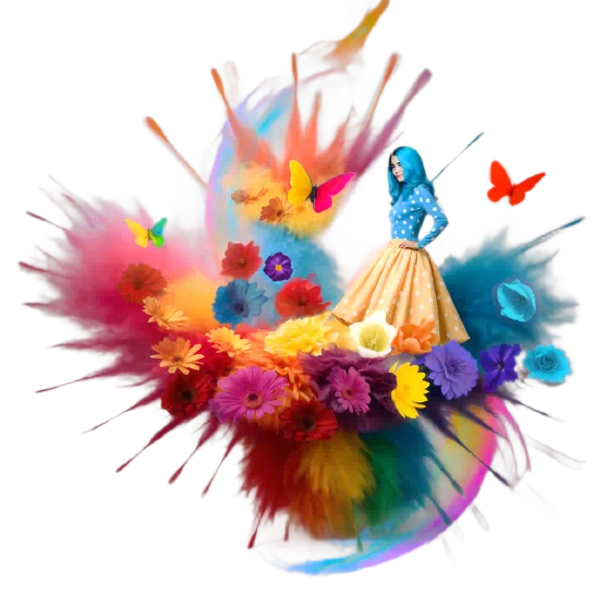 A woman in a yellow and blue polka dot dress surrounded by colorful flowers and butterflies.